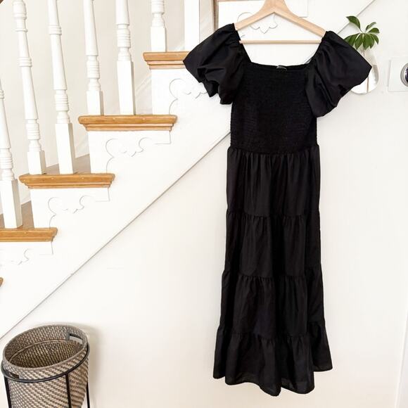 Pretty Garden Black Smocked Tiered Maxi Dress Square Neck Puff Sleeves Size M - Picture 2 of 8